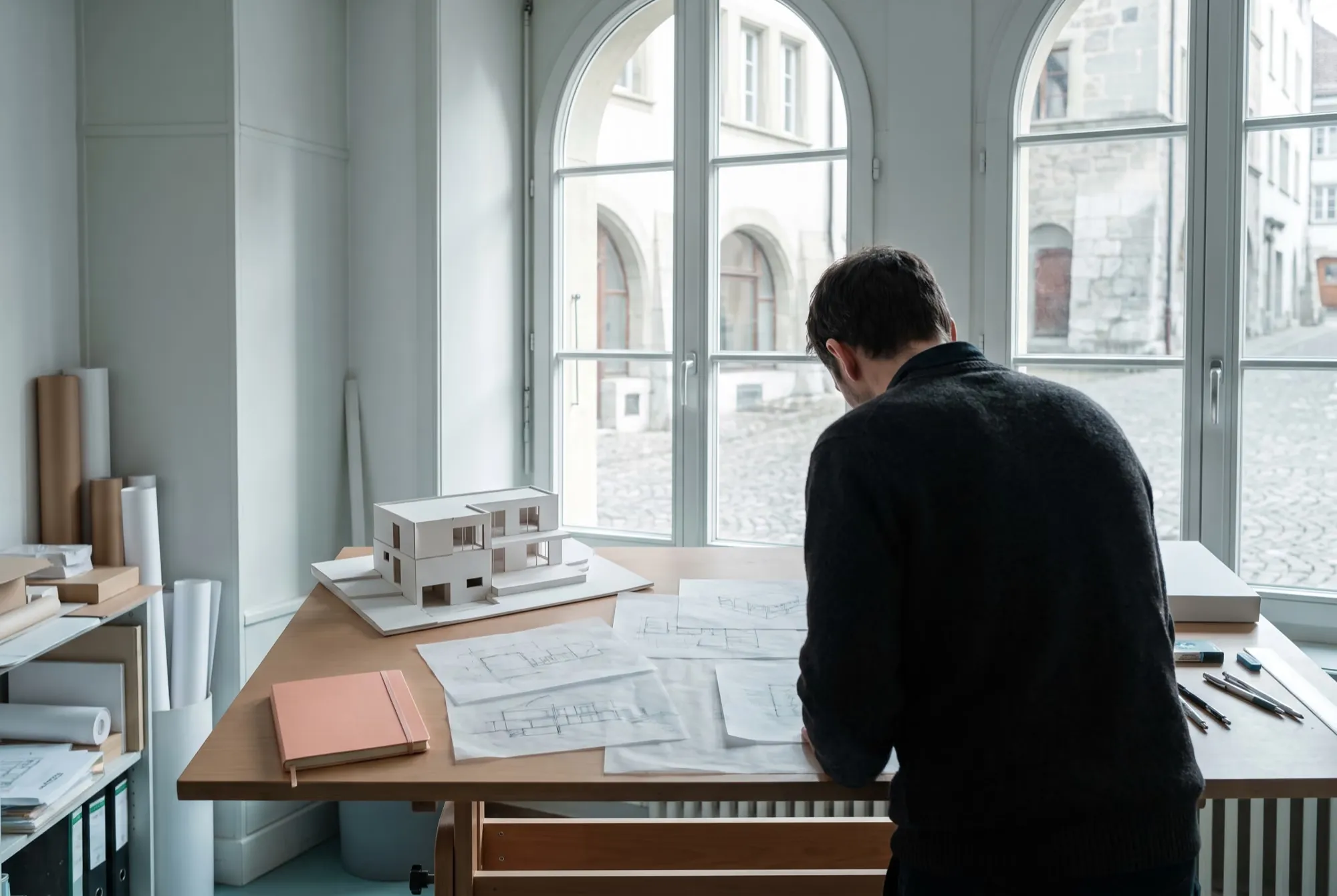 Architekturbüro, ein Mitarbeiter von hinten über Skizzen und einem weissen Architekturmodell
