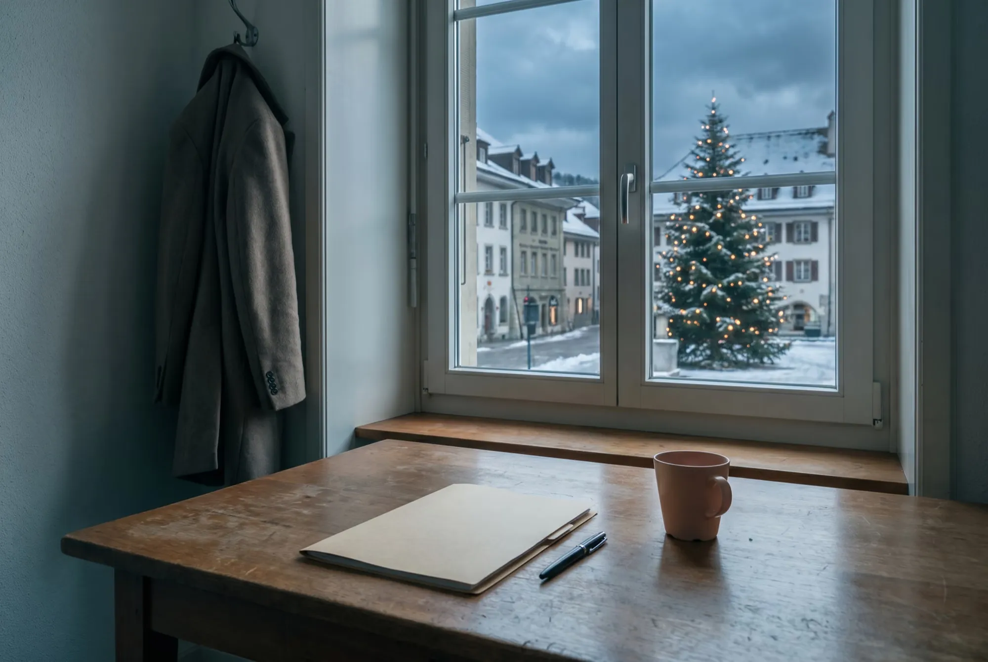 Büro im Dezember mit Mantel am Haken, Mappe und Tasse, durchs Fenster ein verschneiter Platz mit Christbaum