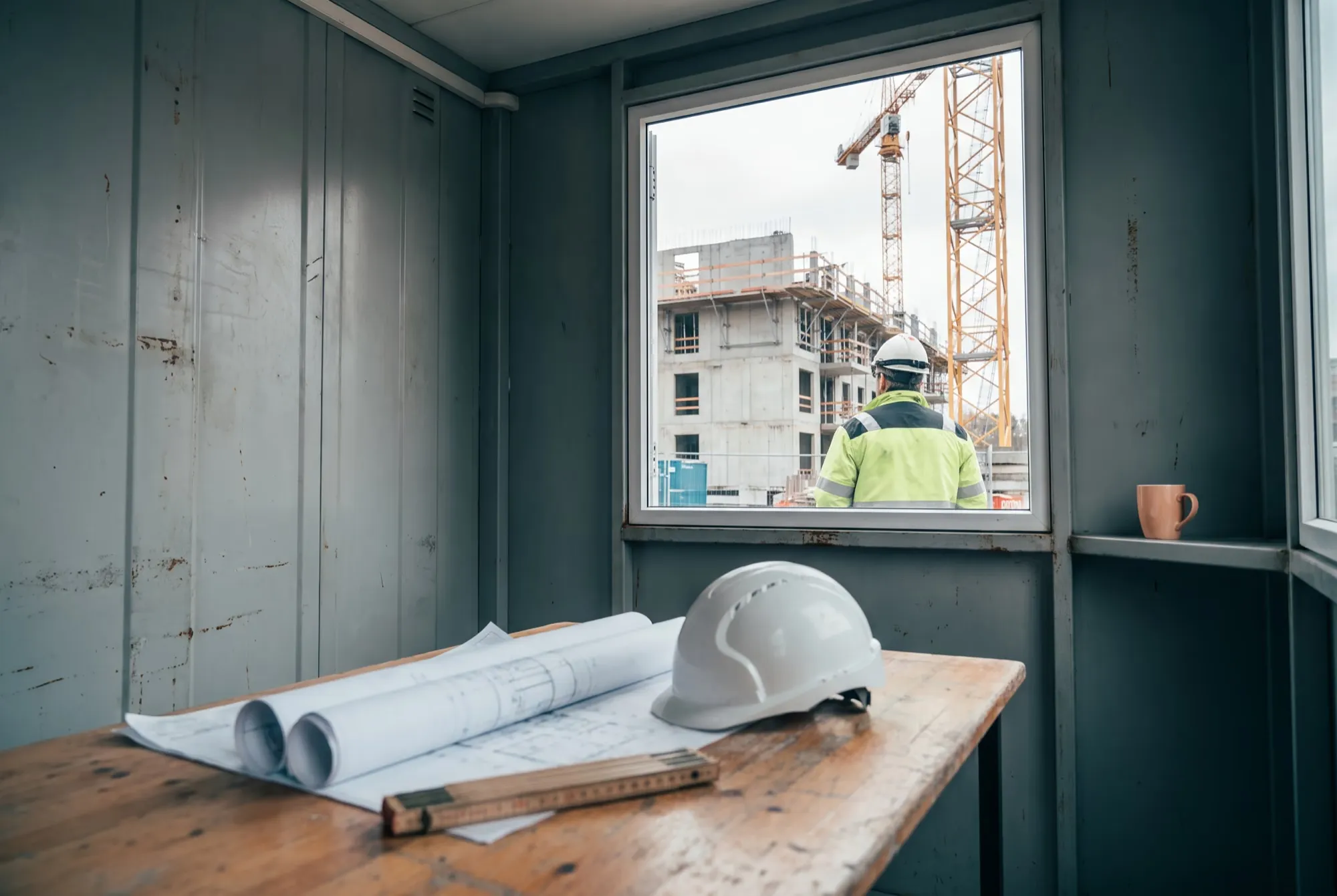 Baucontainer mit Plänen, weissem Helm und Meterstab, durchs Fenster ein Rohbau mit Kran und ein Bauleiter von hinten