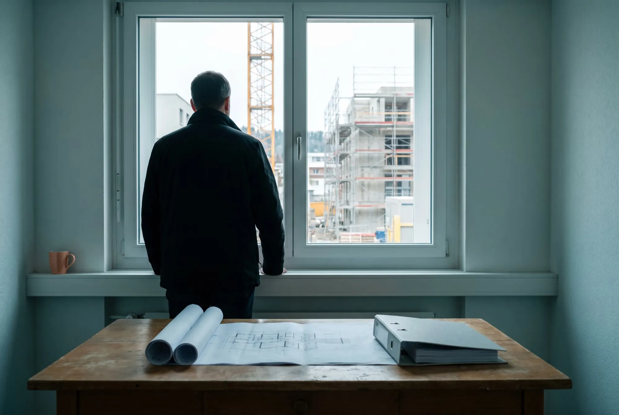 Büro einer Bauleitung mit Plänen und Ordner auf dem Tisch, ein Projektleiter von hinten am Fenster zur Baustelle