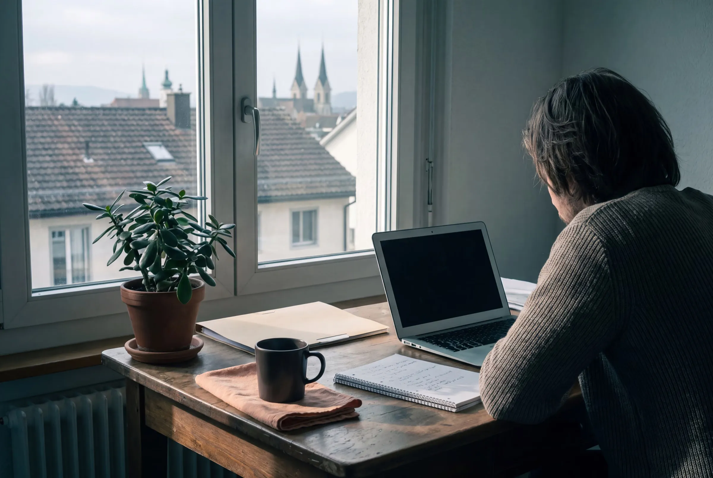 Kleiner Arbeitsplatz am Fenster mit Laptop, Notizbuch, Tasse und Pflanze, eine Person von hinten