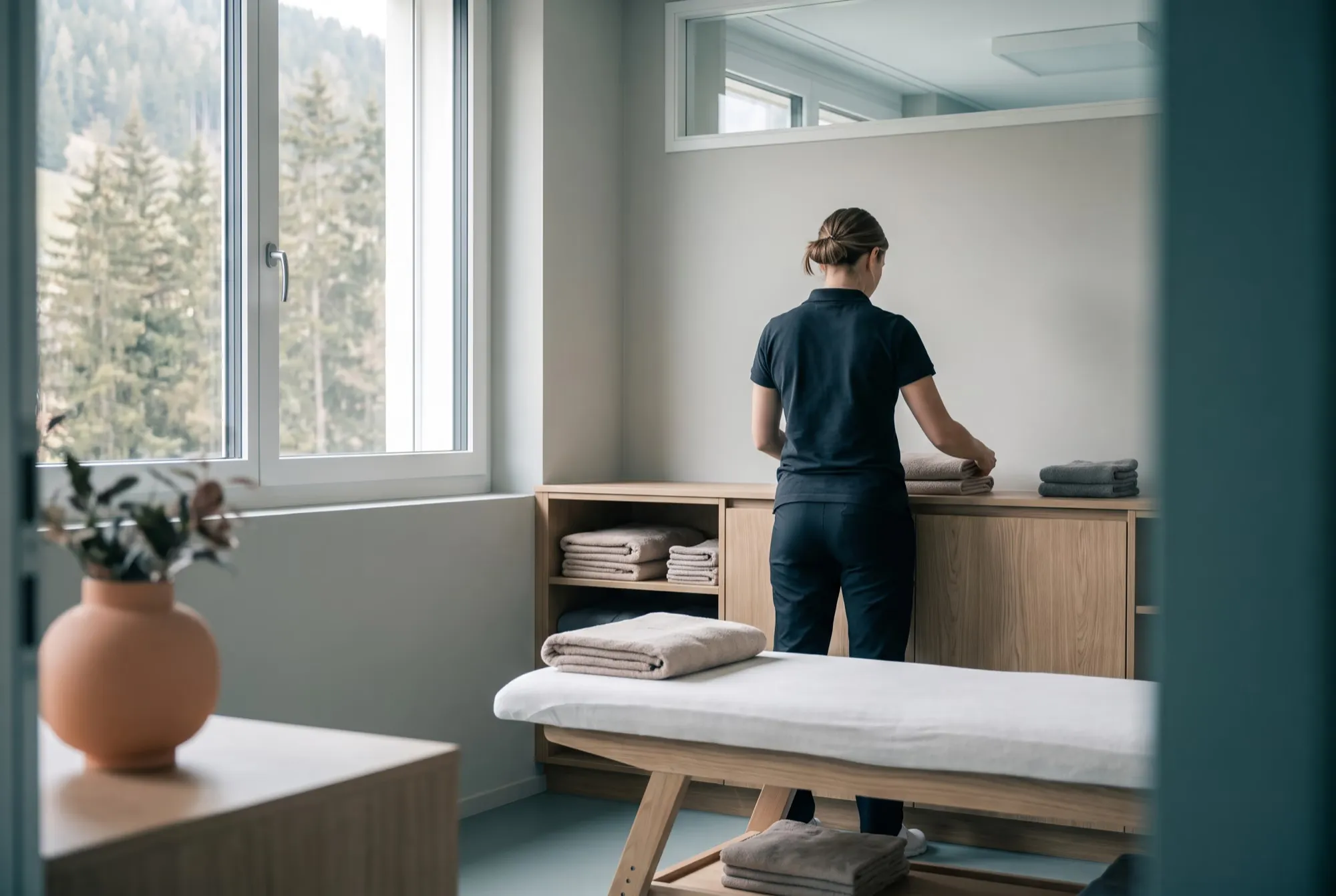 Behandlungsraum einer Physiotherapiepraxis, eine Therapeutin von hinten legt Tücher bereit