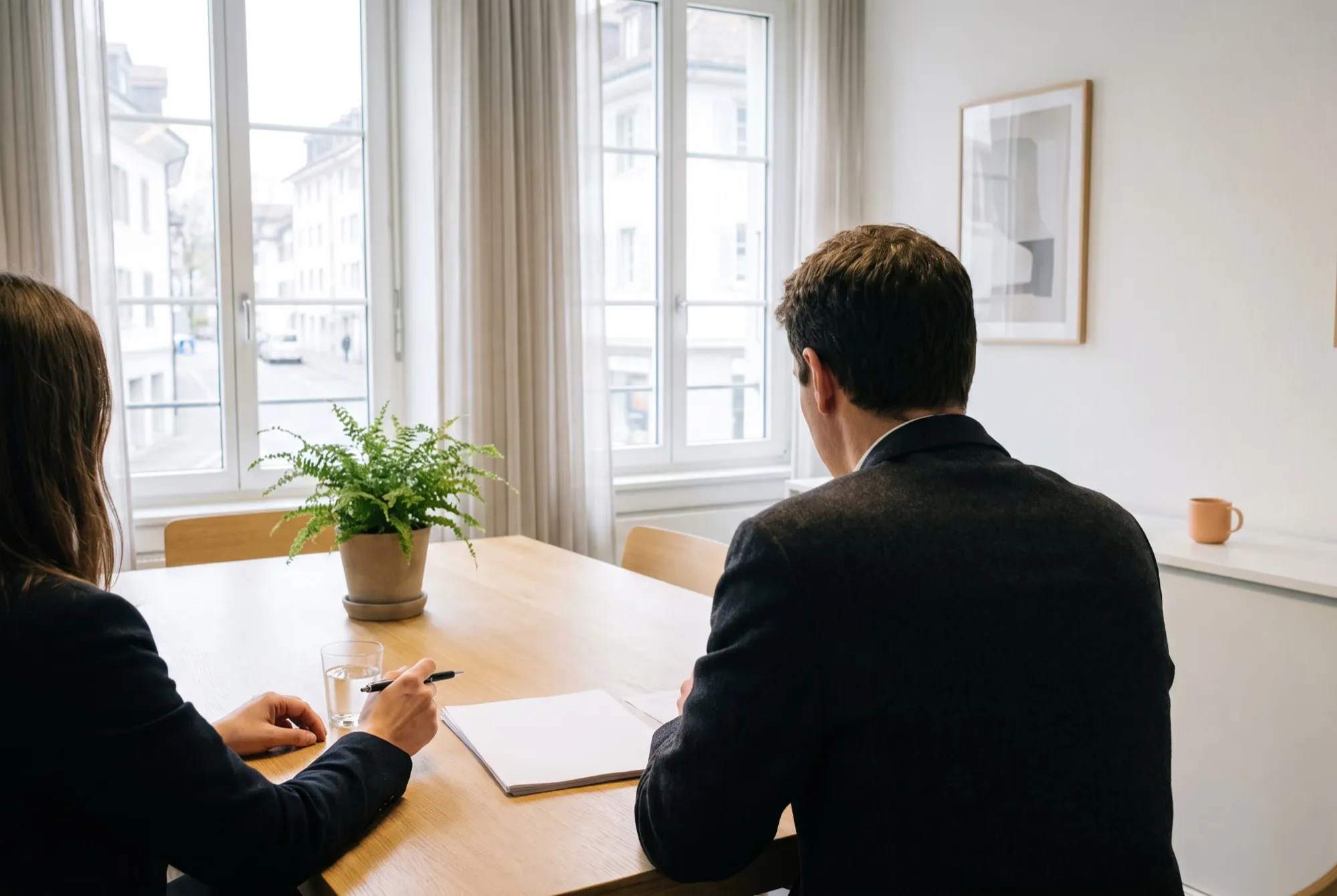 Besprechung an einem Eichentisch, zwei Personen von hinten, eine Hand mit Stift über einem Dokument