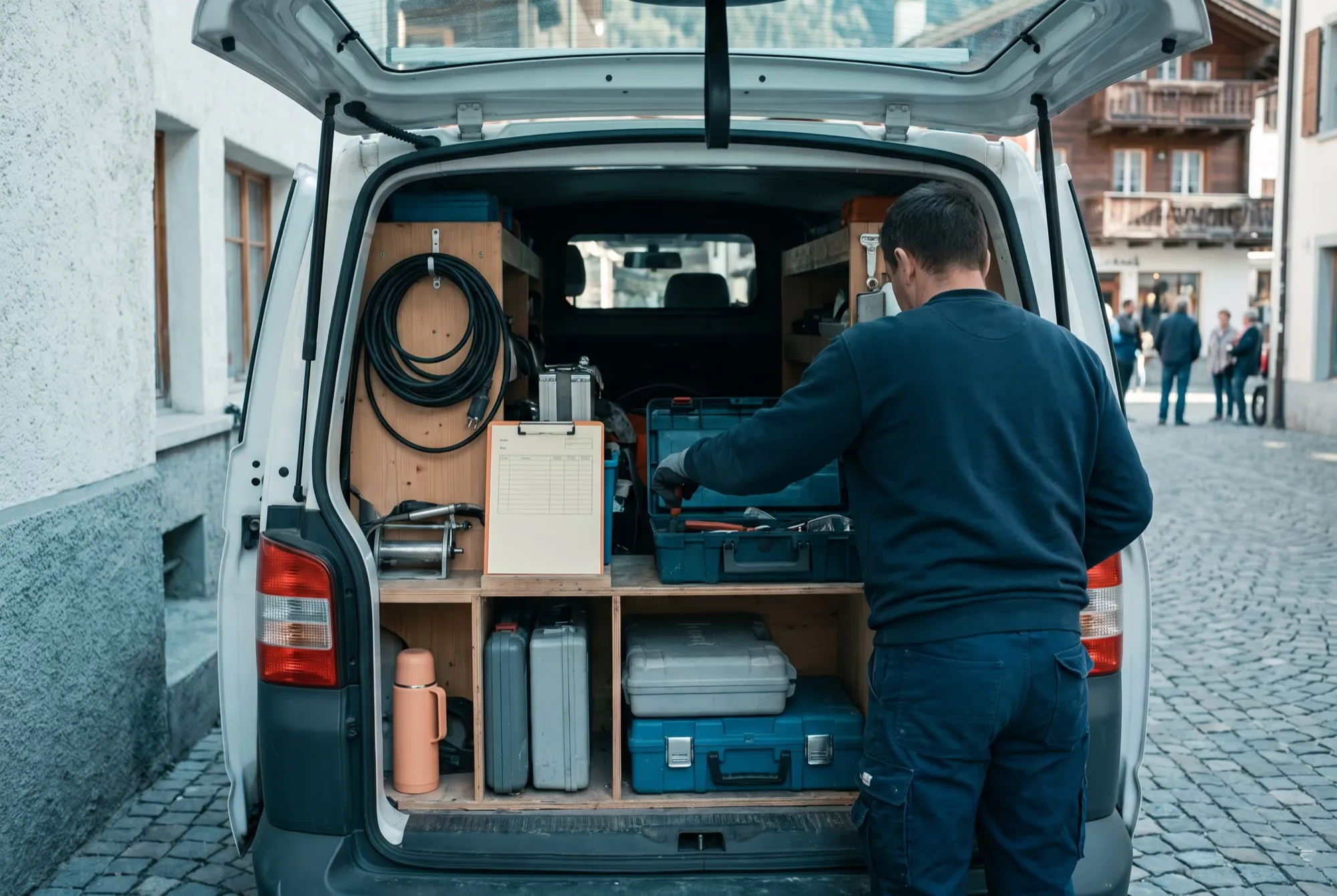 Offener Servicewagen eines Installateurs mit Werkzeugkoffern und Klemmbrett, der Handwerker von hinten