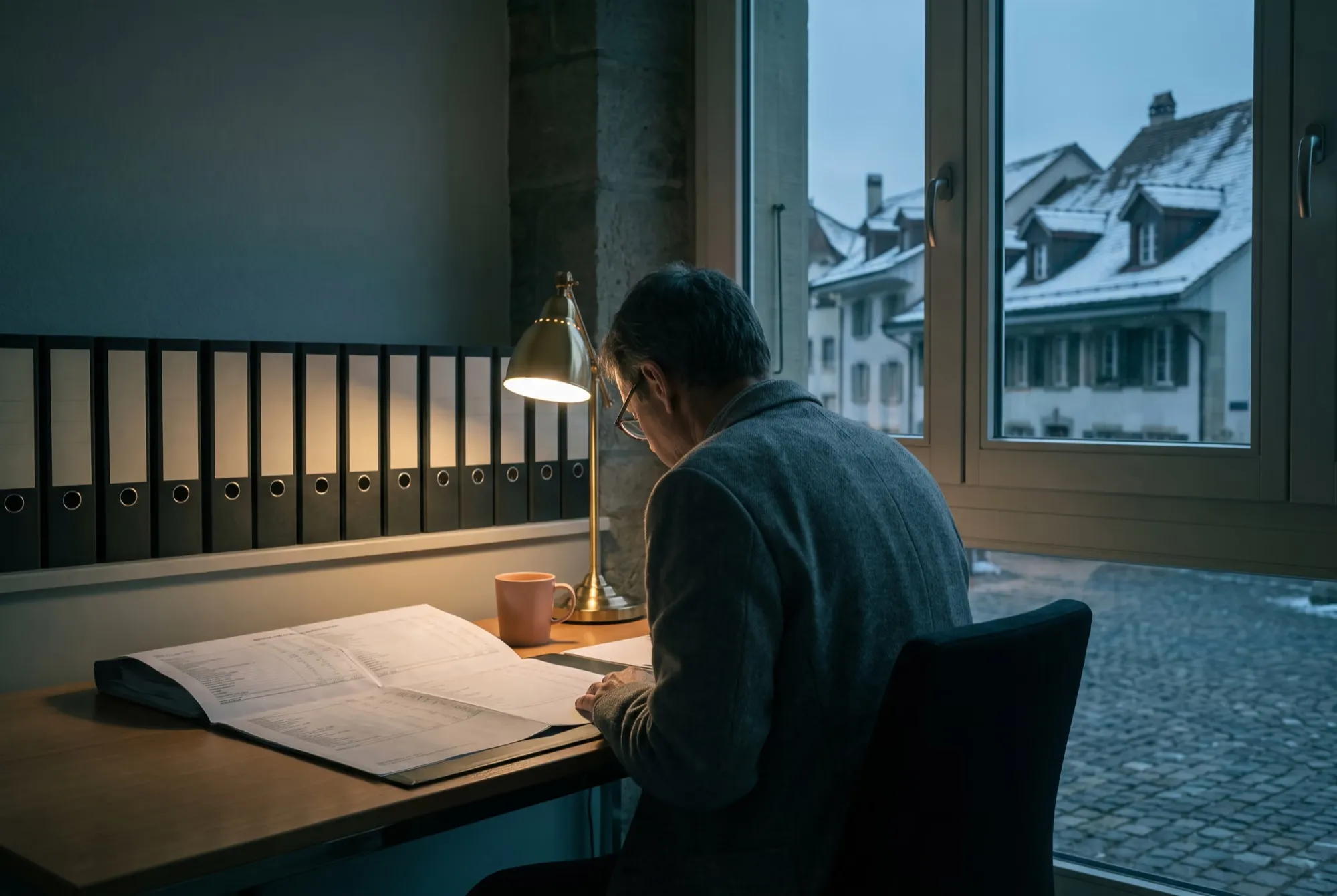 Treuhandbüro in der Abenddämmerung, ein Mann prüft unter der Schreibtischlampe eine Bilanz, draussen verschneite Dächer