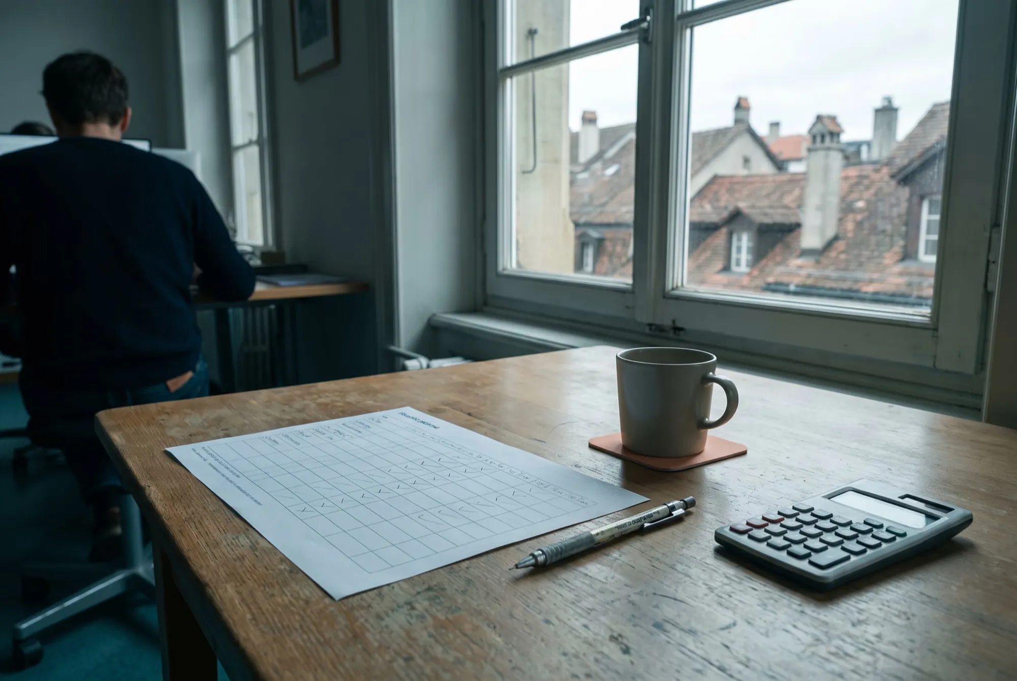Schreibtisch am Fenster mit Planungsblatt, Taschenrechner, Stift und Kaffeetasse, dahinter Altstadtdächer