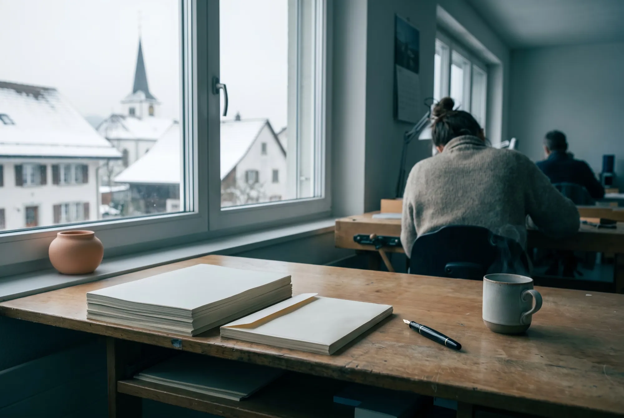 Büro eines Handwerksbetriebs im Januar mit einem Stapel Formulare, Füllfeder und Tasse, draussen ein verschneites Dorf