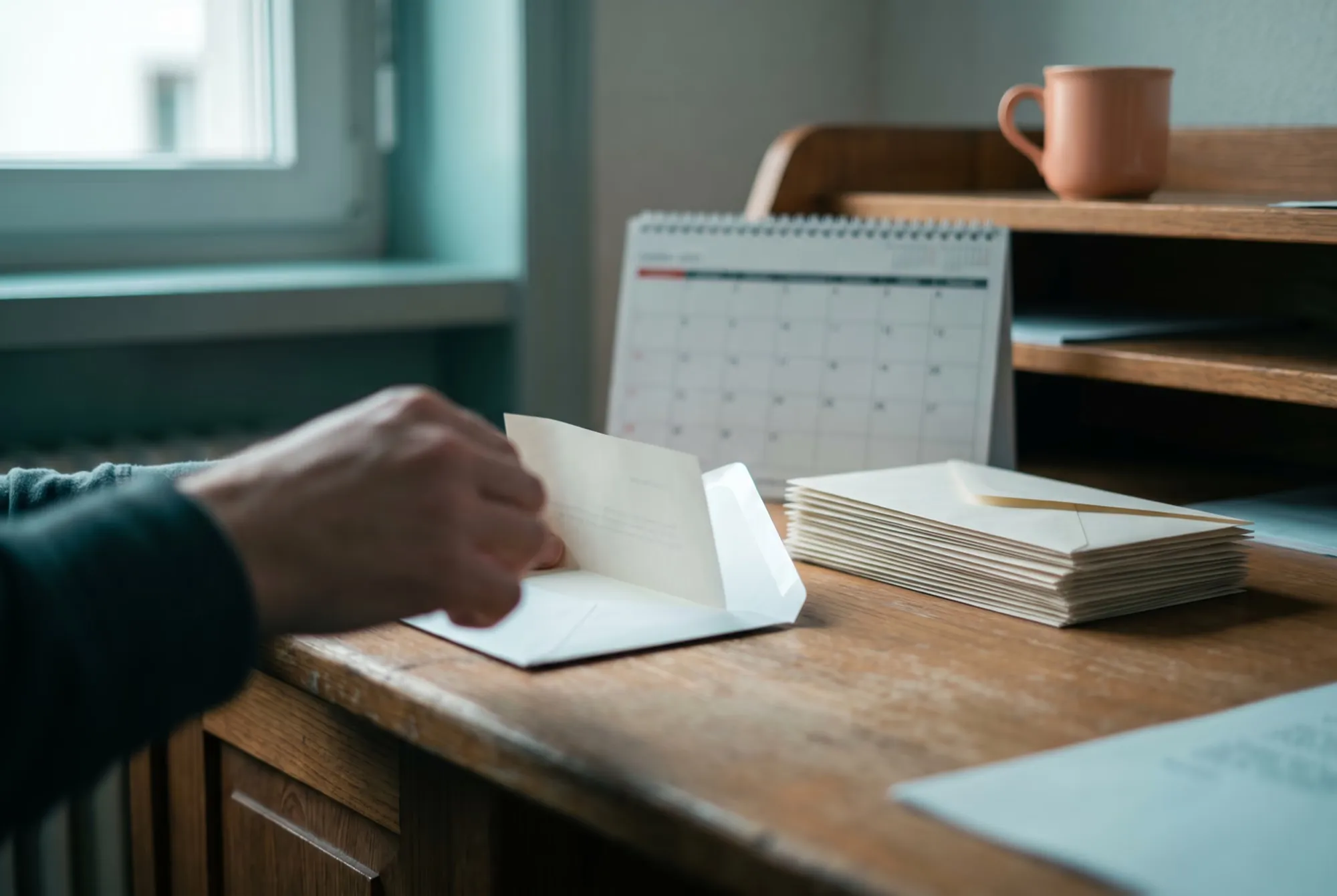 Eine Hand steckt einen Brief in ein Couvert, daneben ein Stapel Couverts und ein Tischkalender