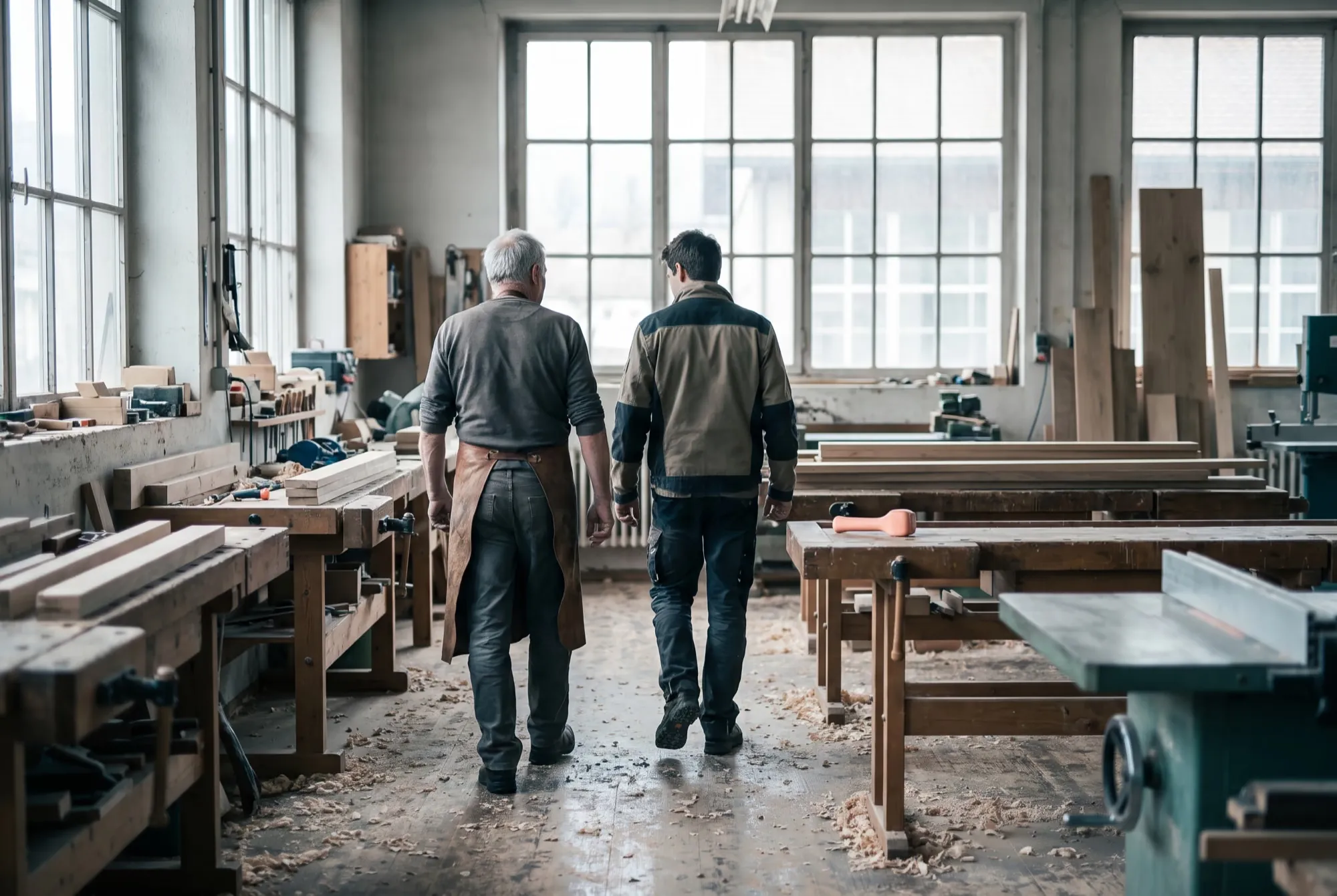 Schreinerei, ein älterer und ein jüngerer Handwerker gehen von hinten gesehen zwischen den Hobelbänken