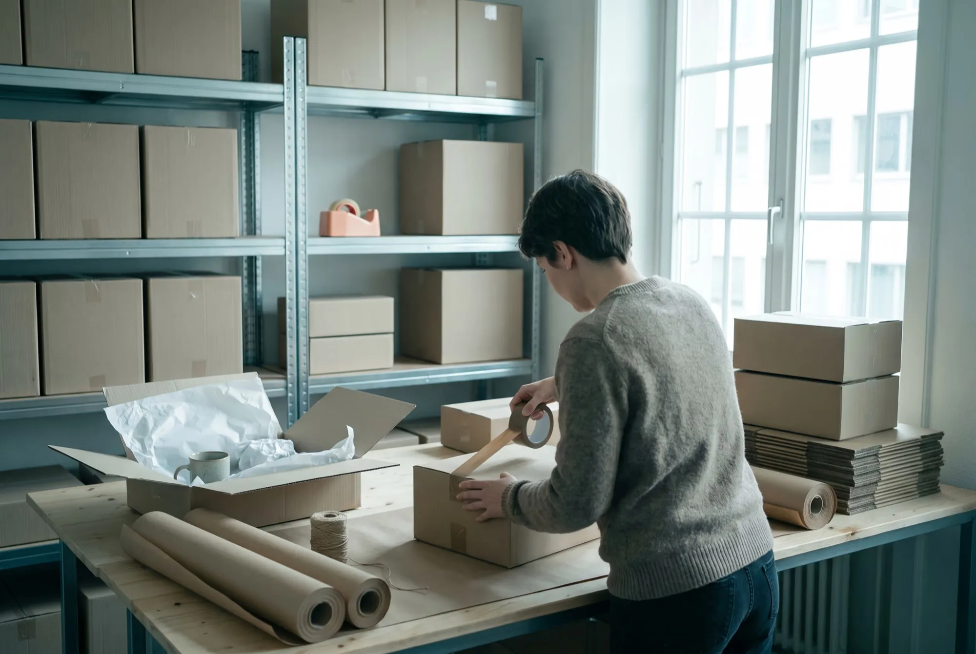Packraum eines Onlineshops mit Kartons und Packpapier, eine Person verklebt ein Paket, daneben eine geöffnete Retoure