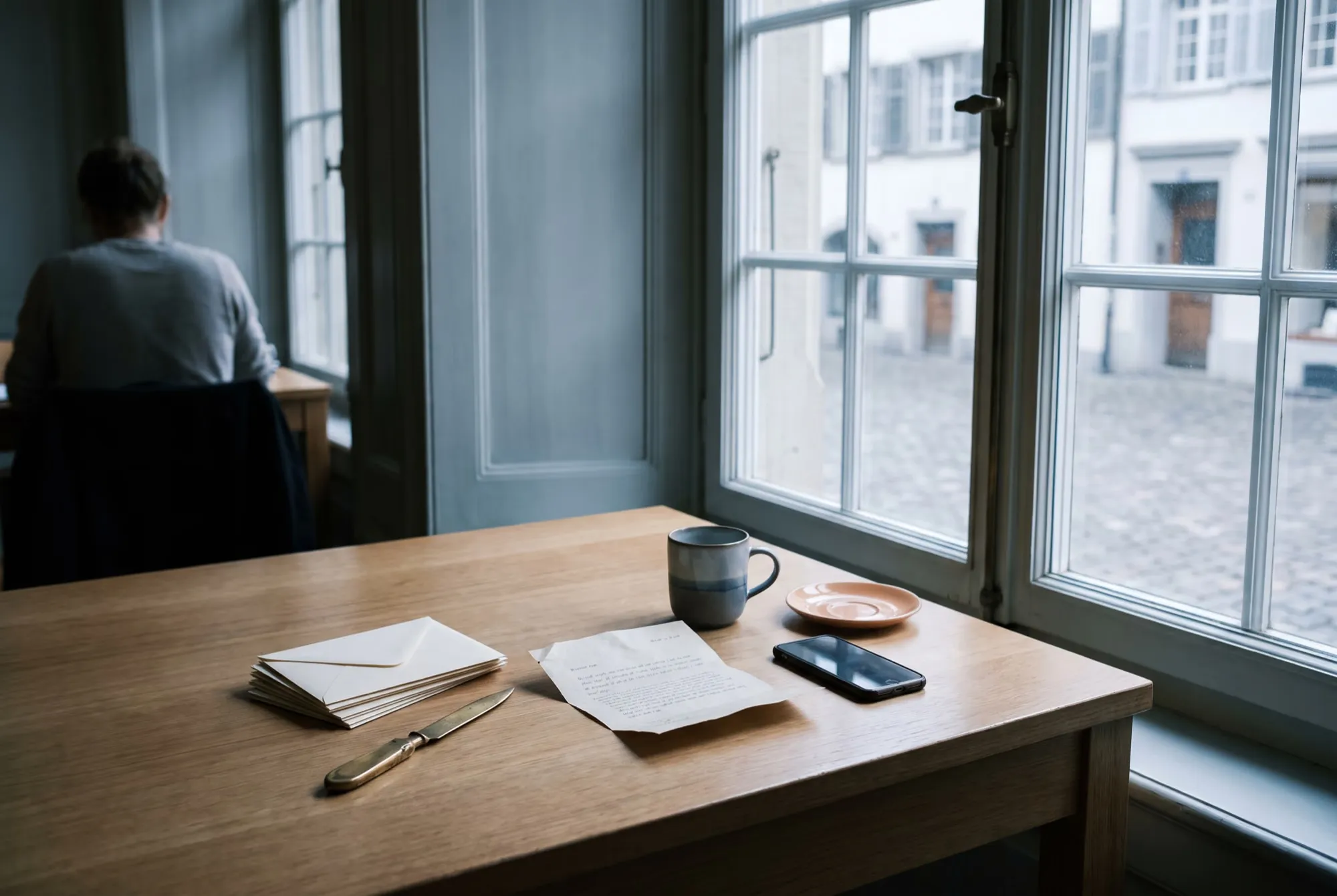 Schreibtisch am Fenster in der Altstadt mit Briefumschlägen, Brieföffner, einem Brief und einem Smartphone