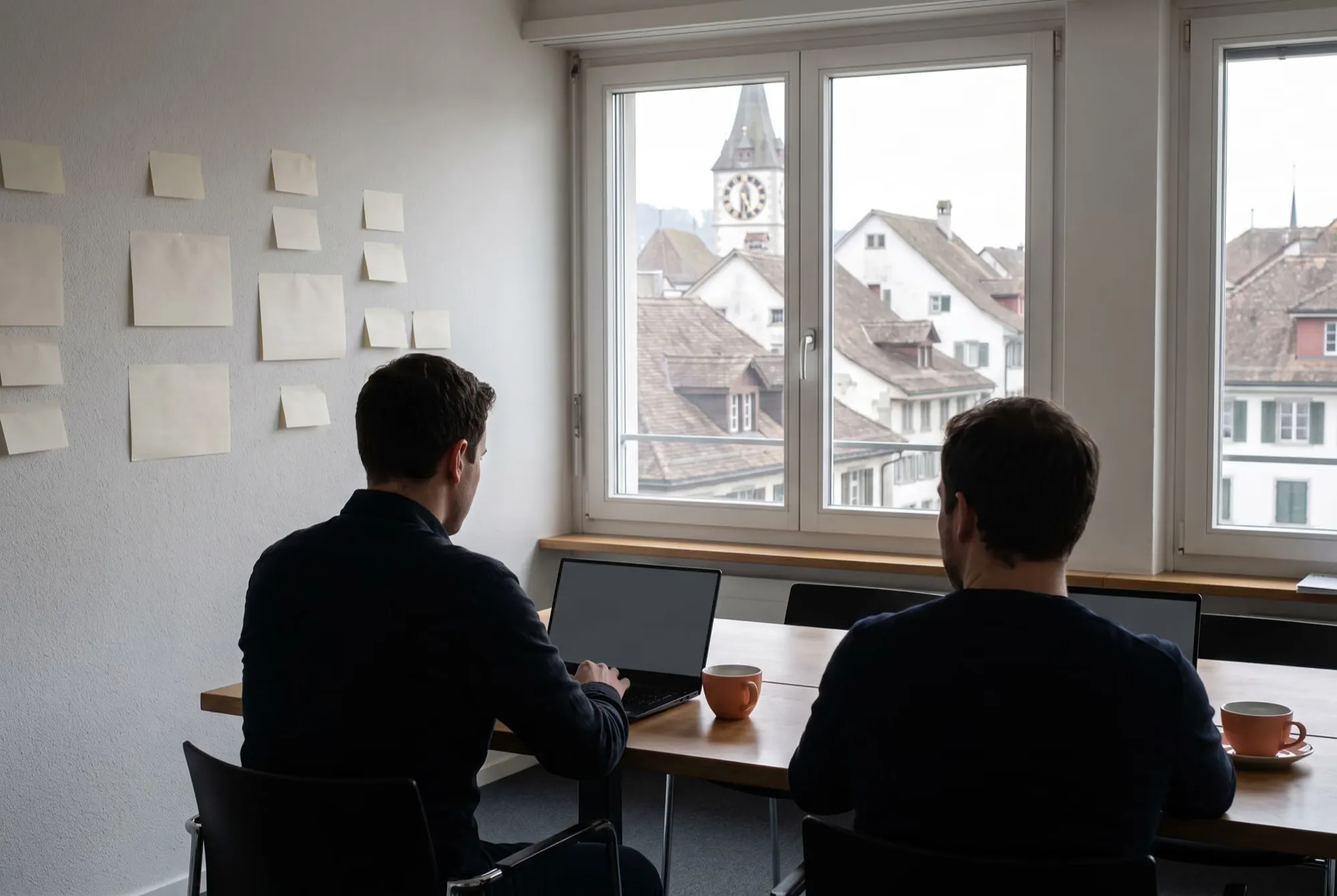 Erstes Büro eines Start-ups, zwei Gründer von hinten an Laptops, an der Wand leere Notizzettel, draussen eine Altstadt