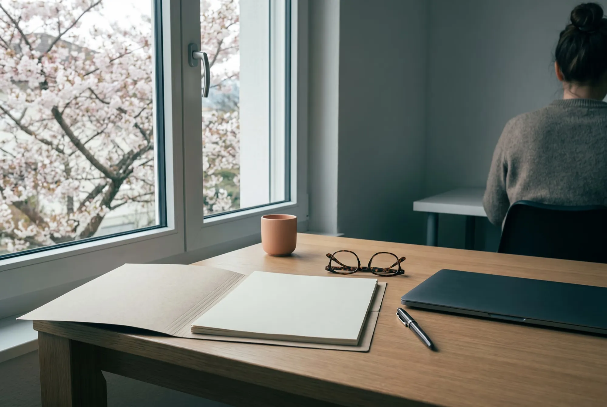 Arbeitsplatz im Frühling mit offener Mappe, Lesebrille, Stift und Laptop, draussen ein blühender Baum